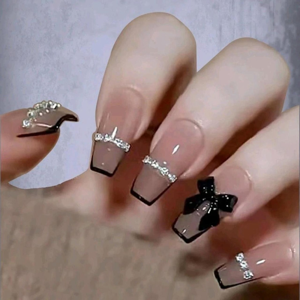24Pcs Long Coffin Bow Decor Fake Nails with Nail File & Tape Press-On Set sh